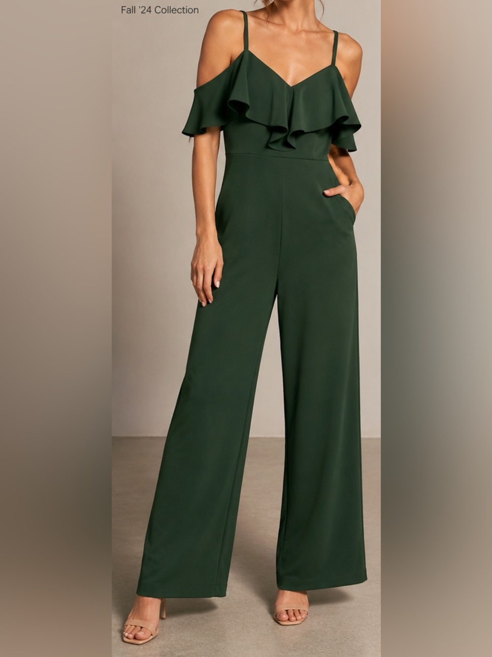 Like New Rachel Rachel Roy Roma Green Ruffle Cold Shoulder Wide Leg Jumpsuit